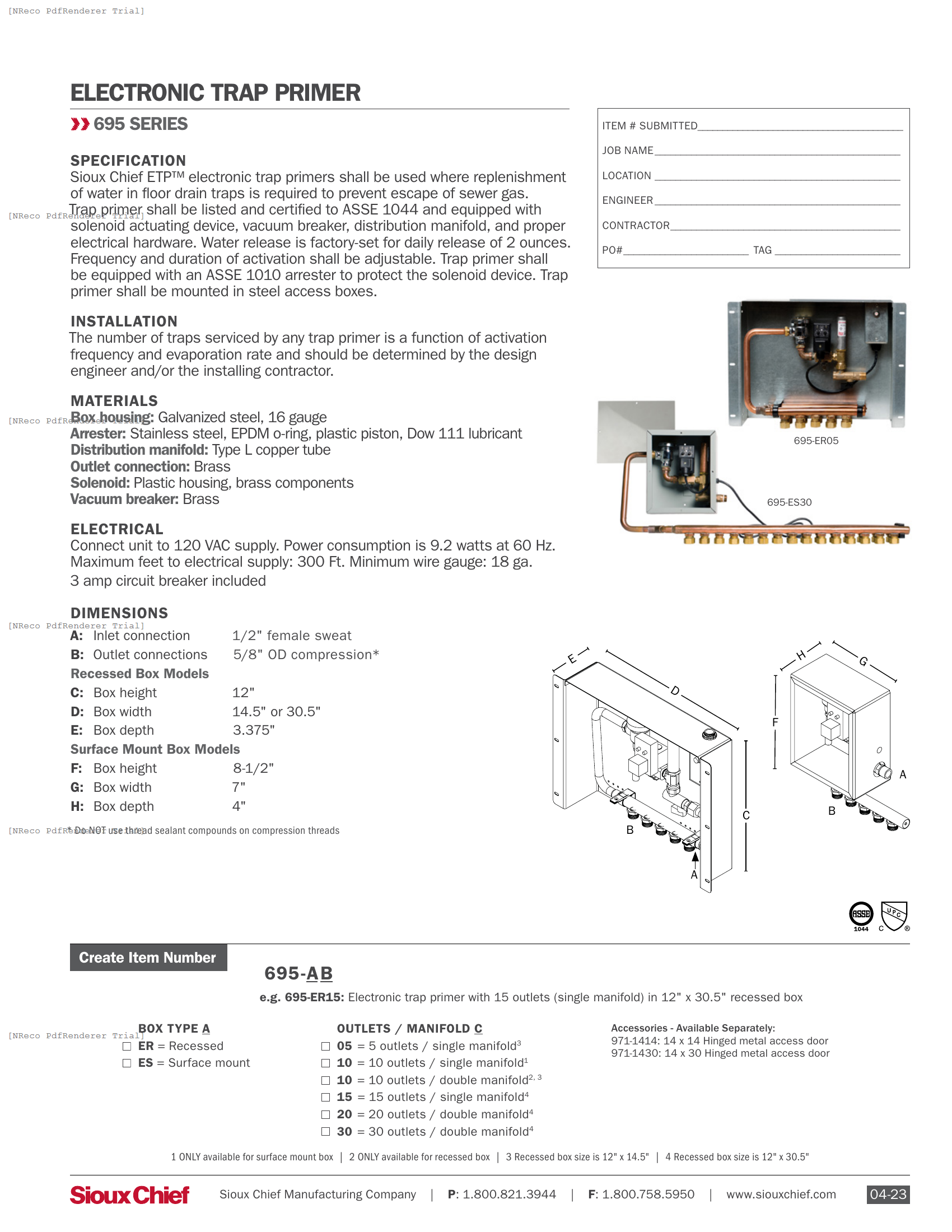 695-E SERIES - ELECTRONIC TRAP PRIMER - SPEC SHEET.PDF Specification Document